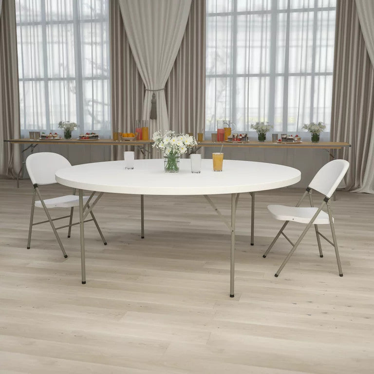 Round Folding Table, Gray Locking Legs With White Granite Finished Plastic Top