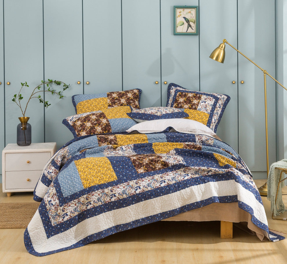 Tache Prairie Sunset Floral Farmhouse Cotton Patchwork Reversible Quilt Set, Cal