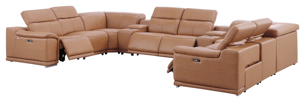 Federico10-Piece Top Grain Italian Leather Sectional-4 Power Recliners, Cognac