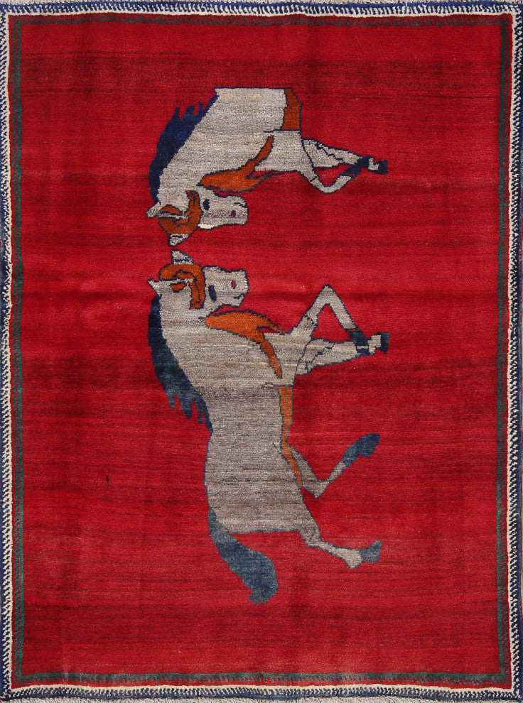 Vintage-Style Hand-Knotted Novelty Traditional Persian Area Rug, Red, 5'6"x4'2