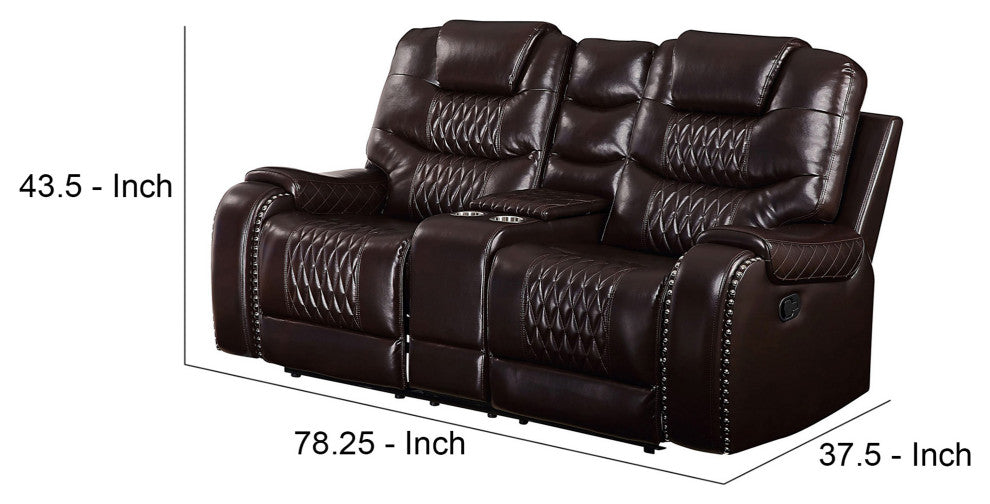 Benzara BM251081 Motion Loveseat With Leather Upholstery/Diamond Tufts, Brown