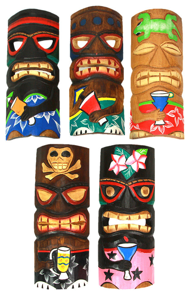 Set of 5 Polynesian Style Wooden Tiki Masks 10 in.