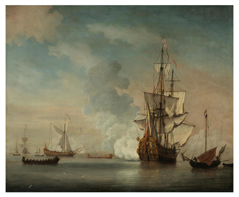 "English Warship Firing a Salute, 1690" Paper Art, 24"x20.04"