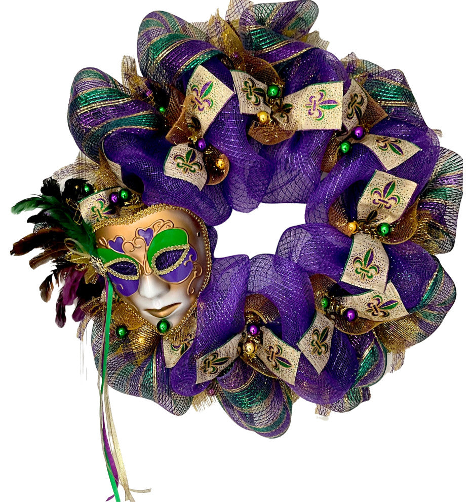 Mardi Gras Feather Venetian Mask Deco Mesh Wreath