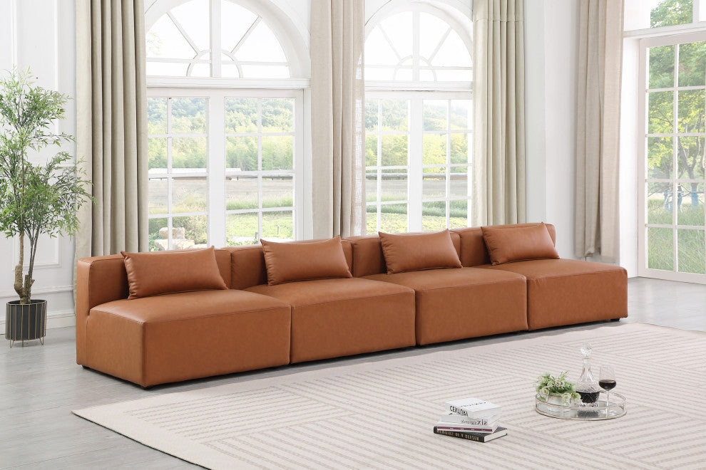 Cube Upholstered Modular Sofa, Cognac, 4-Piece: 4 Armless Chair, Vegan Leather