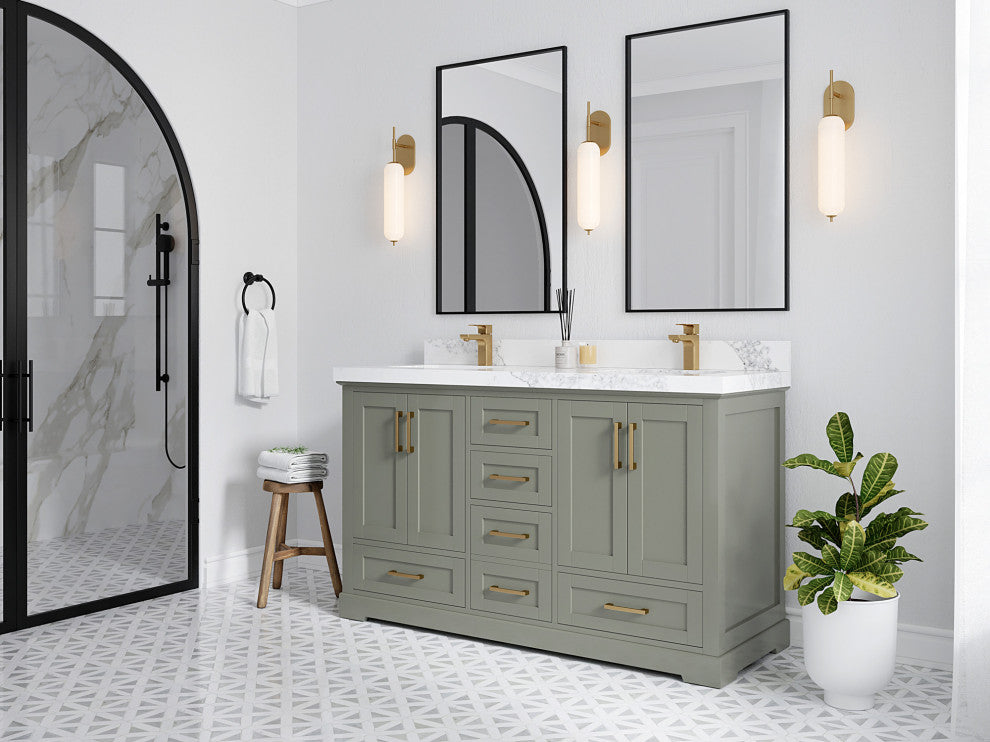 Boston 60 Double Bathroom Vanity in Evergreen 2" Venatino Quartz