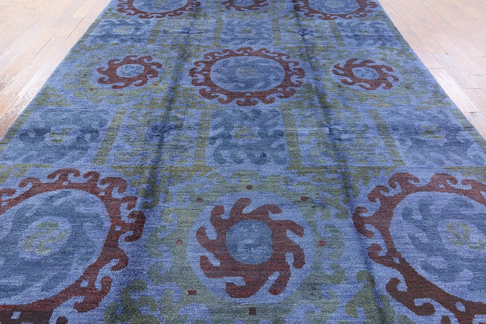 One of a Kind Geometric Blue 9'x12' Overdyed Hand Knotted Wool Area Rug H8784