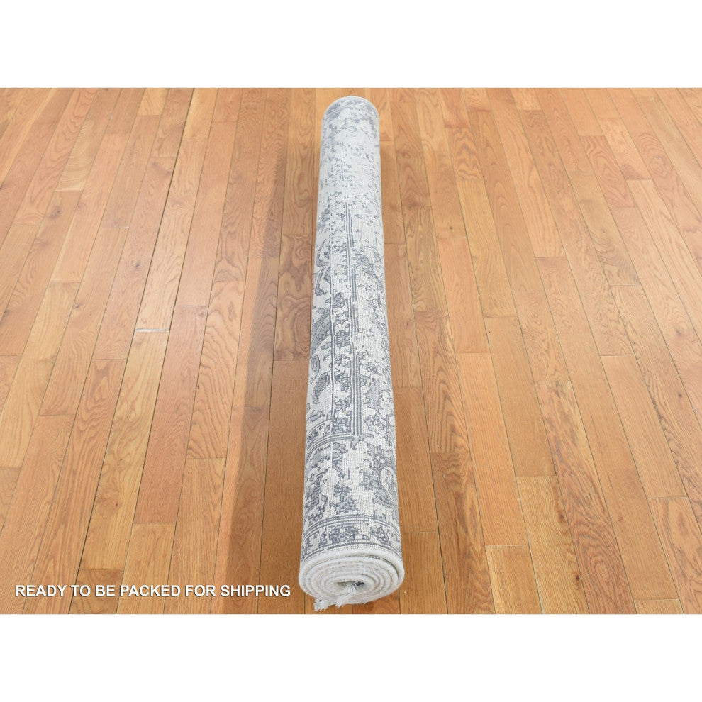 Ivory, Erased Persian Design, Plant Base Silk, Hand Knotted Rug, 5'2"x7'