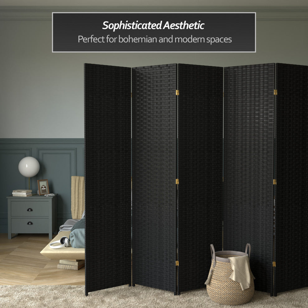 7' Tall Woven Fiber Room Divider, Black, 6 Panel