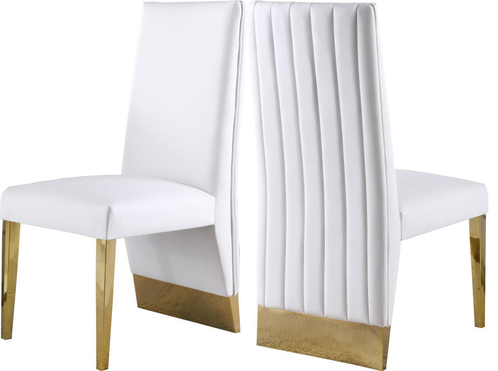 Porsha Dining Chair, Set of 2, White Faux Leather, Gold Legs