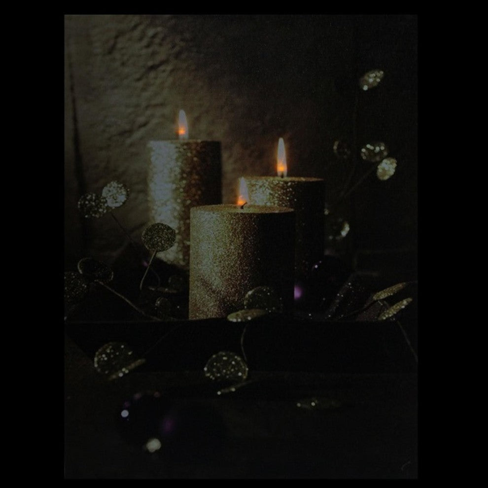 LED Lighted Shimmering Gold Glittered Candles Christmas Canvas Wall Art
