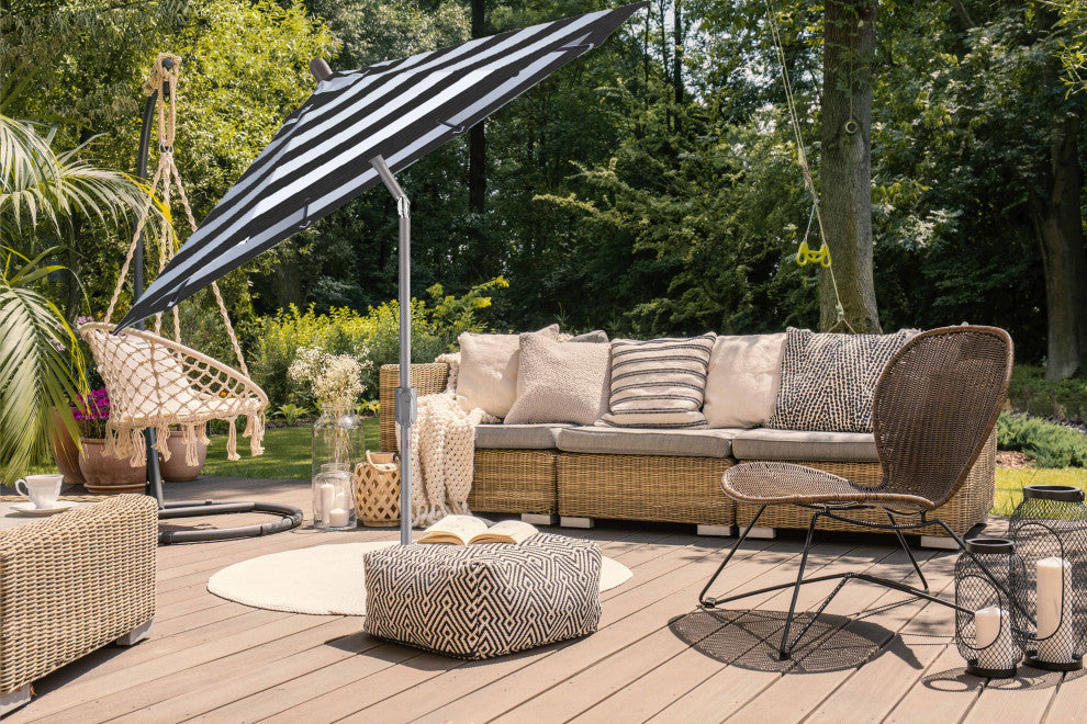9' Round Push Tilt Market Umbrella, Grey Frame, Sunbrella, Black Stripe