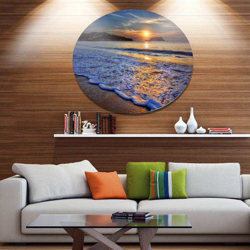 Calm Seashore With Blue Waves, Seashore Art Round Metal Wall Art, 36"