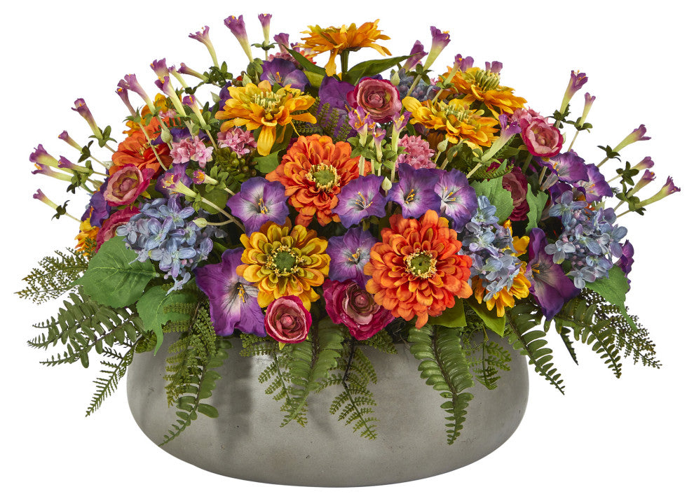 18" Mixed Floral Artificial Plant, Gray Garden Planter