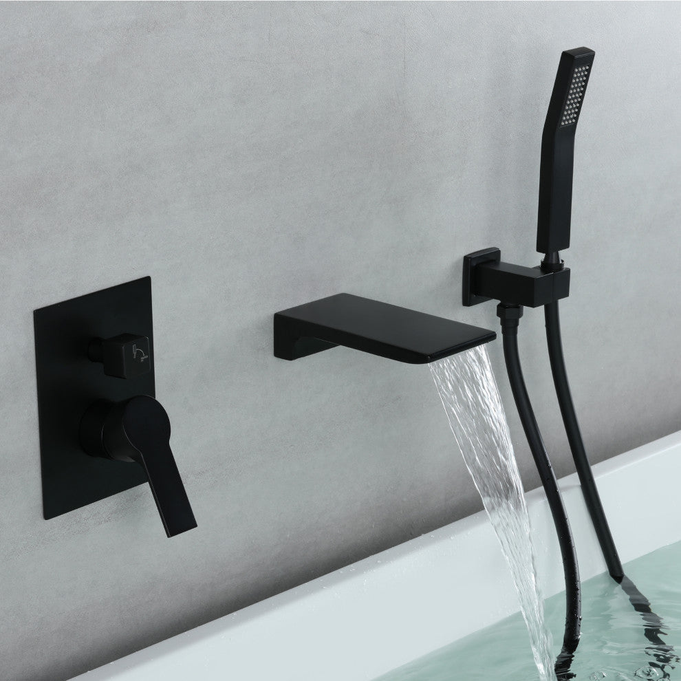 Shower Faucet Handheld Combo Set, Waterfall Tub Spout and Valve, Black