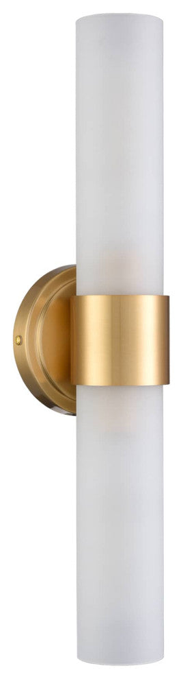 Modern Gold Bathroom Sconces Cylinder Frosted Glass, 2-Light