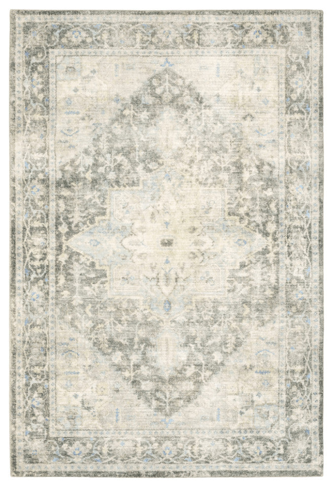 8' X 10' Grey Ivory And Blue Oriental Power Loom Stain Resistant Area Rug