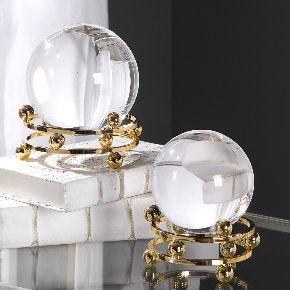 Luxe Elegant Crystal Ball Gold Sculpture 2-Piece Set