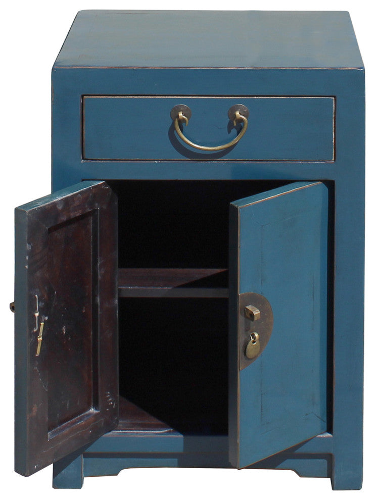 Oriental Distressed Teal Blue Chathams Lacquer Side End Table Nightsta