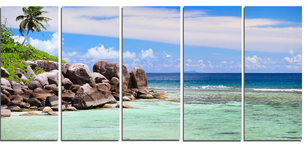 "Beautiful Seychelles Rocky Coast" Landscape Wall Art, 5 Panels, 60"x28"