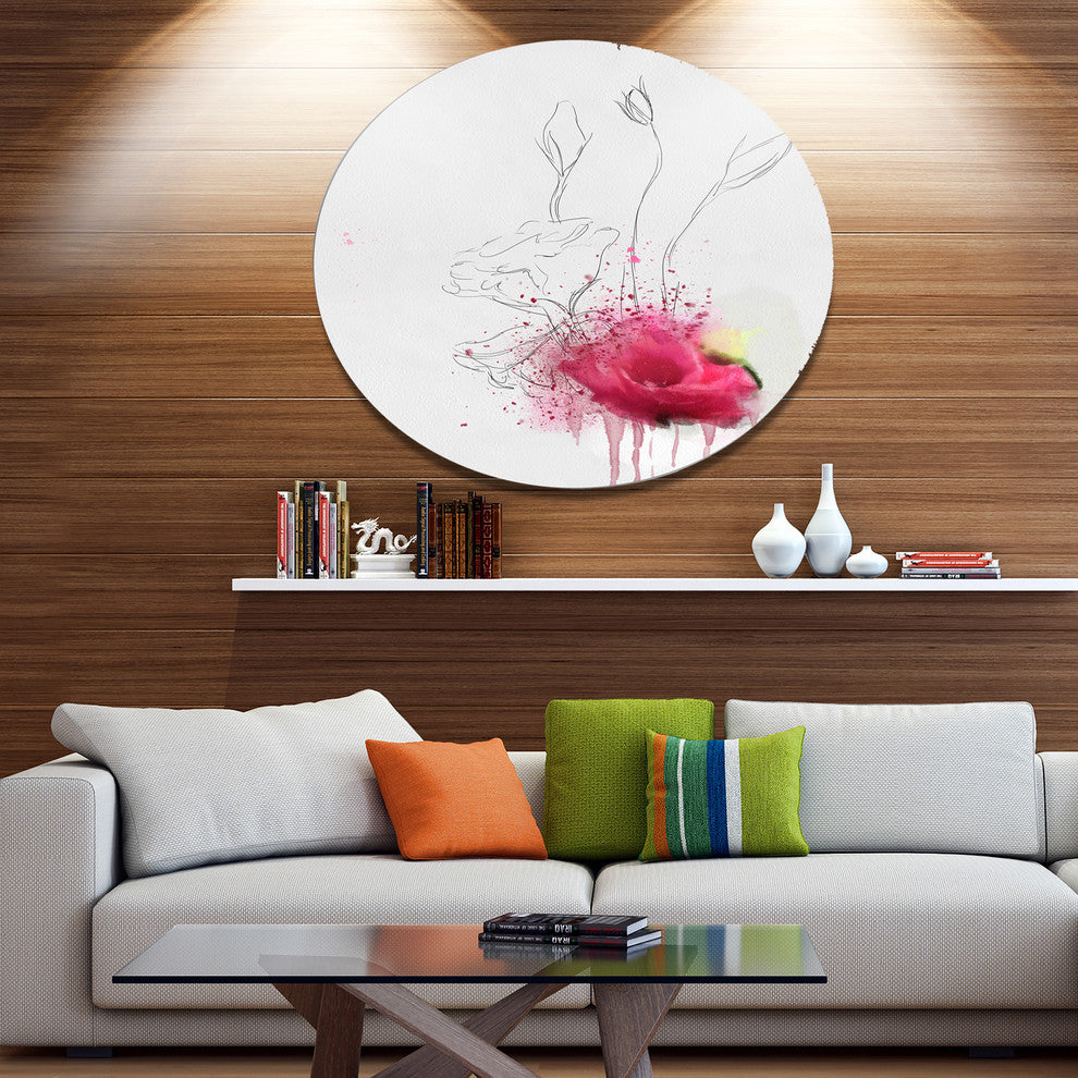 Rose Flowers Sketch With Color Splashes, Floral Disc Metal Artwork, 23"