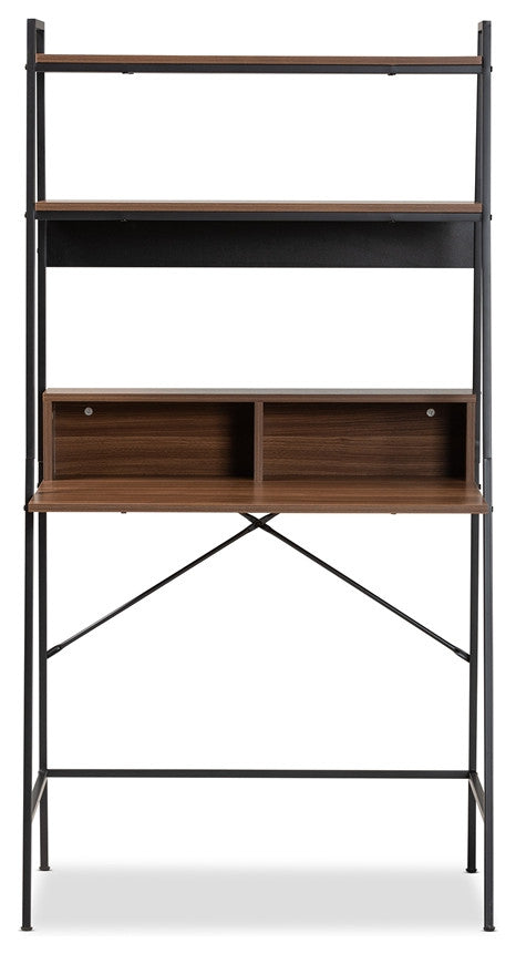 Modern Industrial Walnut Brown Finished Wood Black Metal Desk With Shelves
