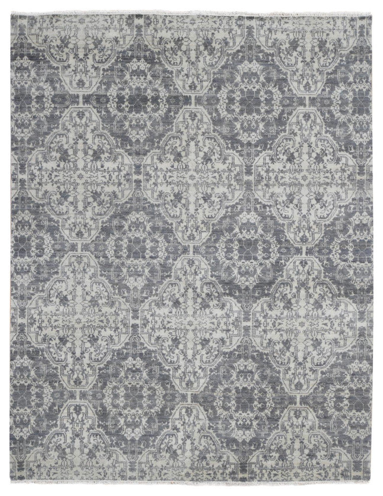 Ivory Hand Knotted Wool and Silk Geometric Mughal Design Oriental Rug, 7'9"x10'