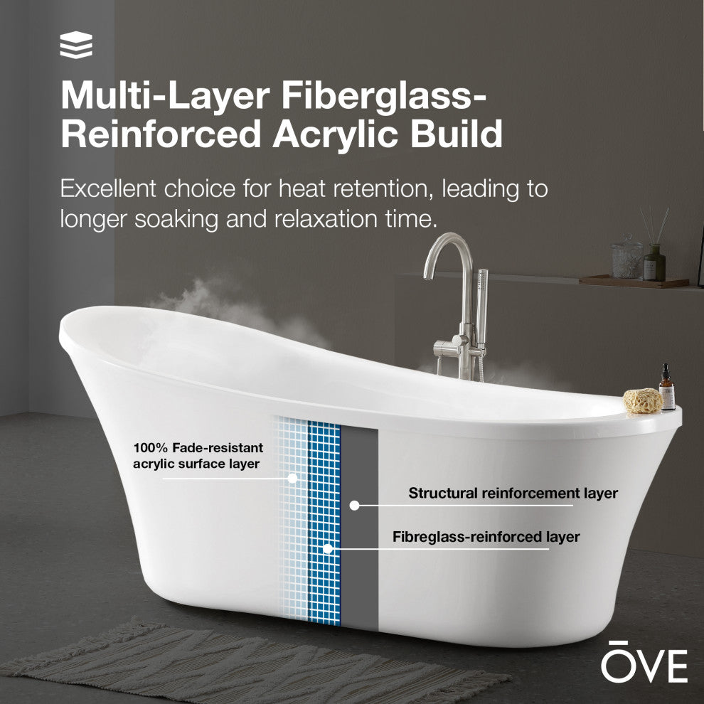 OVE Decors Rachel 70" Freestanding Bathtub With Pop-up and Overflow, Chrome