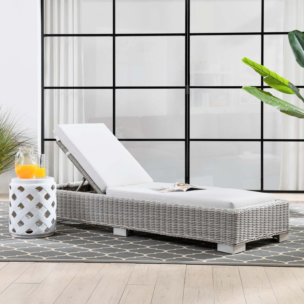 Lounge Chair Chaise, Rattan, Wicker, Gray White, Modern, Outdoor Patio Cafe