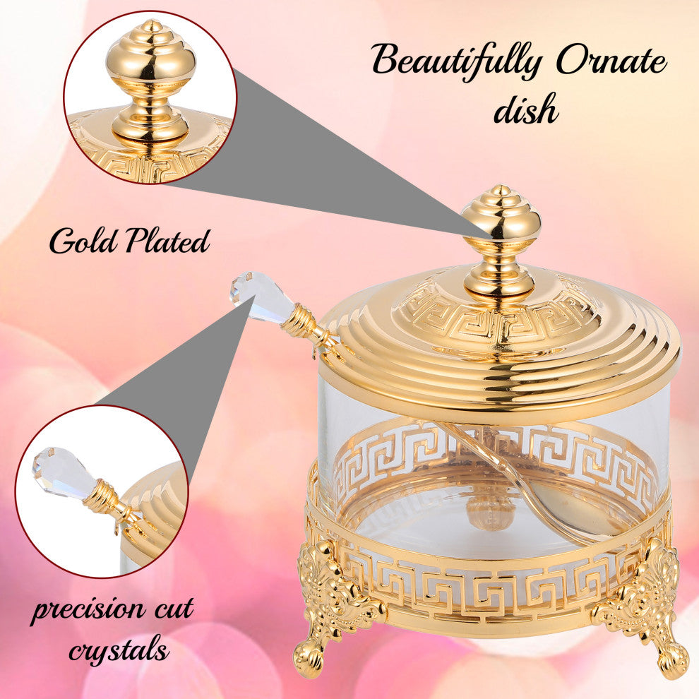 24K Gold Plated Sugar Bowl With Crystal Studded Spoon