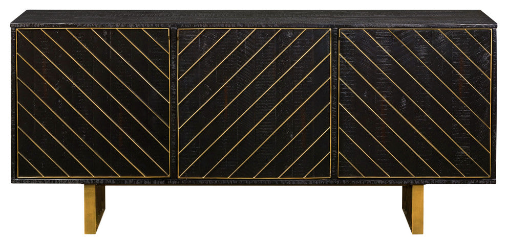 Monaco Rectangular Black Wood Sideboard with Antique Brass Accent