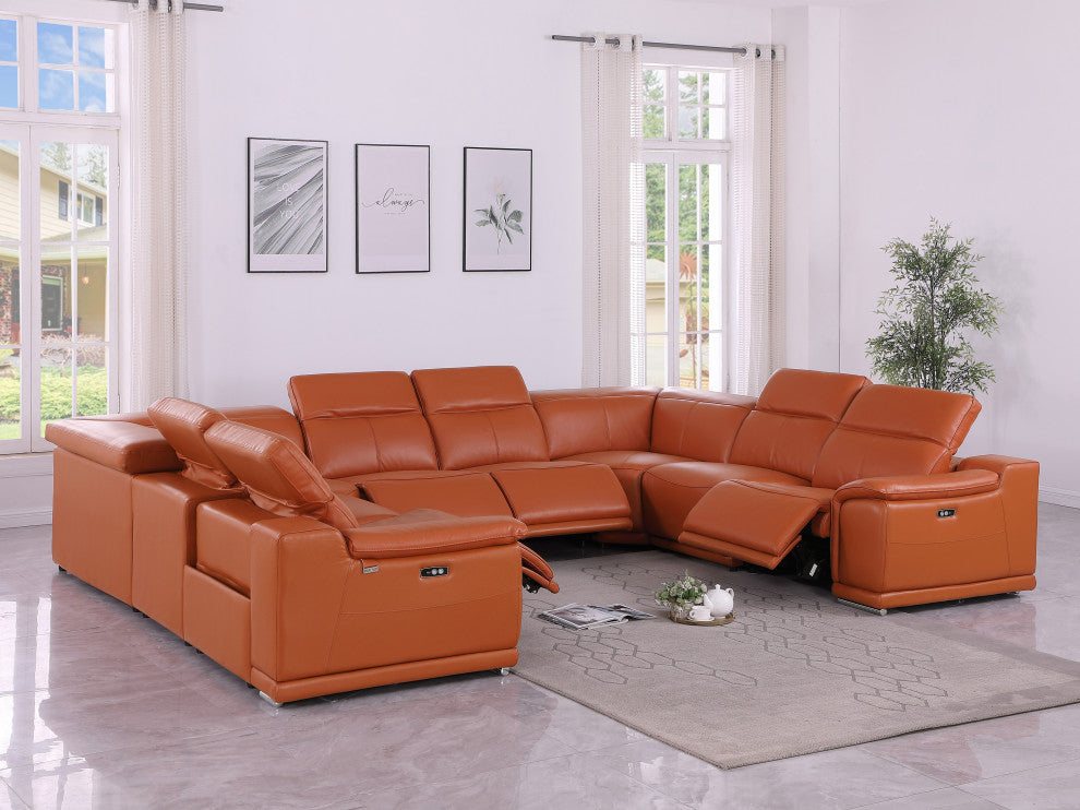 Federico 8-Piece Italian Leather U-NC Sectional, 4 Power Recliners, Camel