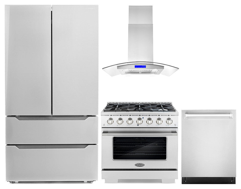4-Piece, 36" Gas Range, Island Range Hood, 24" Dishwasher and Refrigerator