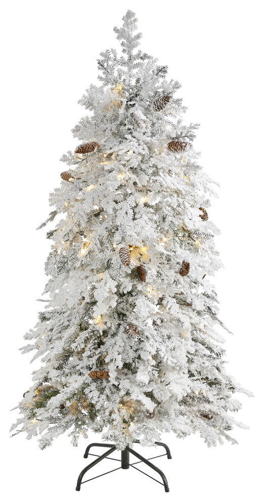 5' Flocked Montana Down Swept Spruce Faux Xmas Tree With 100 Clear LED Lights