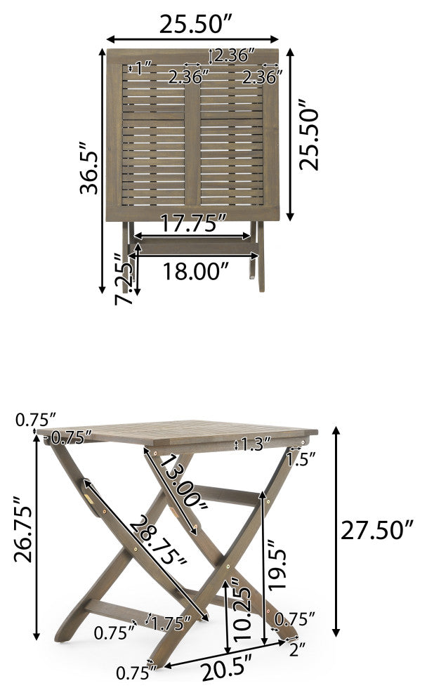 GDF Studio 3-Piece Versaille Outdoor Foldable Gray Acacia Wood Bistro Set, Gray