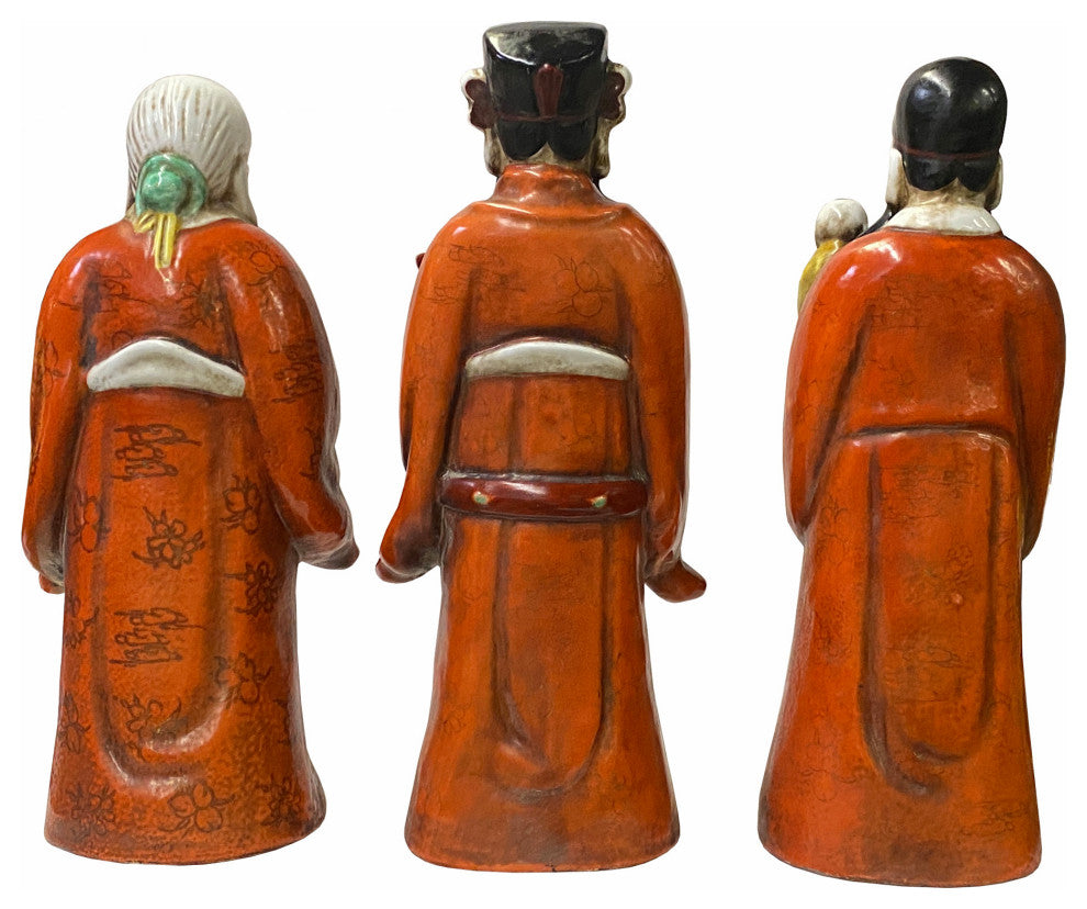 Chinese Distressed Orange Color Fengshui Fok Lok Shao Figure Set Hws1788