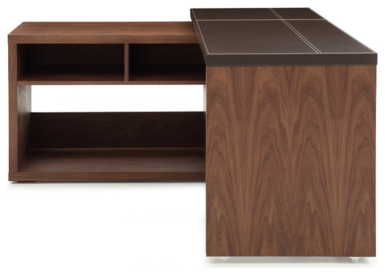 HomeRoots 29" Walnut and Brown Veneer L Shaped Desk With a Leather Top