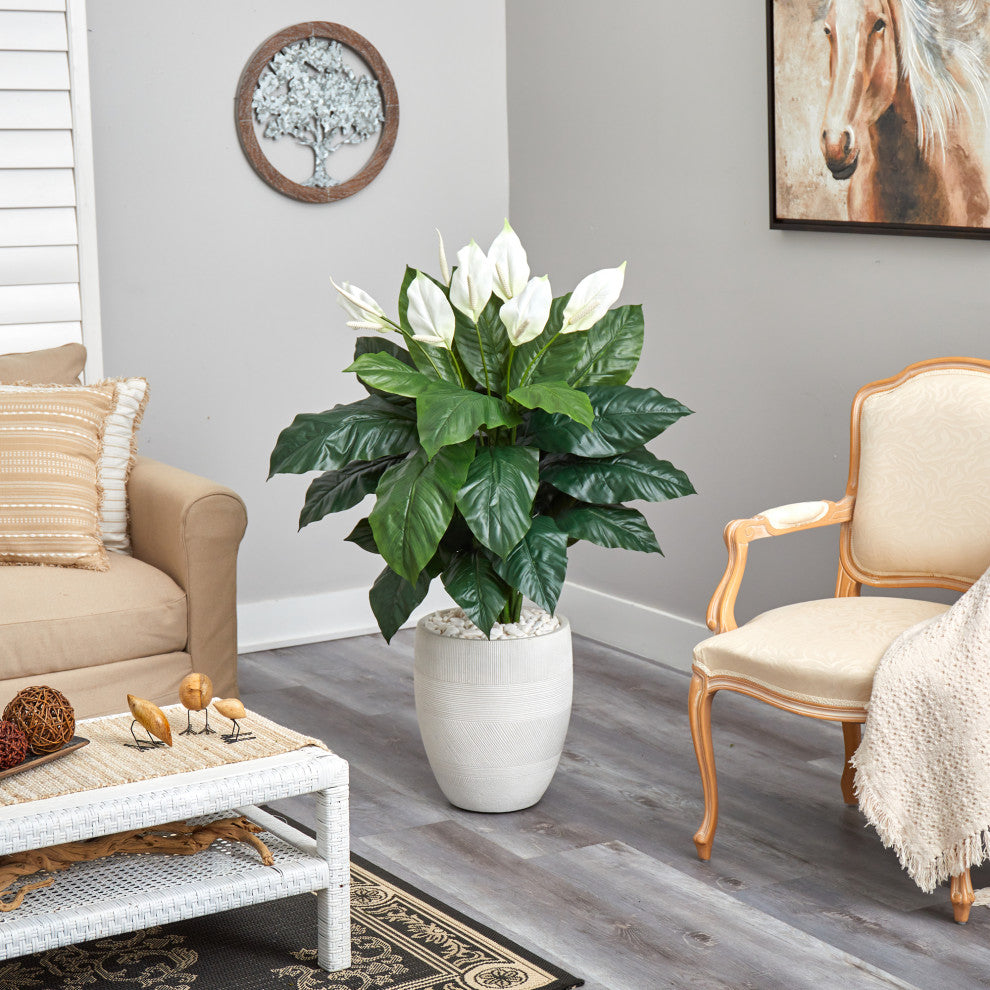4' Spathiphyllum Artificial Plant, White Designer Planter