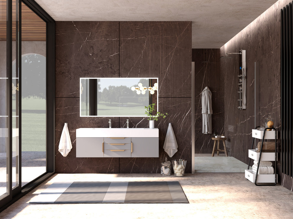 CastelloUSA Alpine 60" Wall Mounted Vanity, Base Only, Gray, Gold Handles