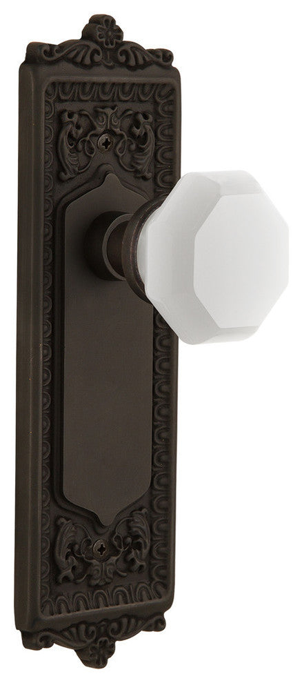 Egg & Dart Plate Passage Waldorf White Milk Glass Knob, Oil-Rubbed Bronze