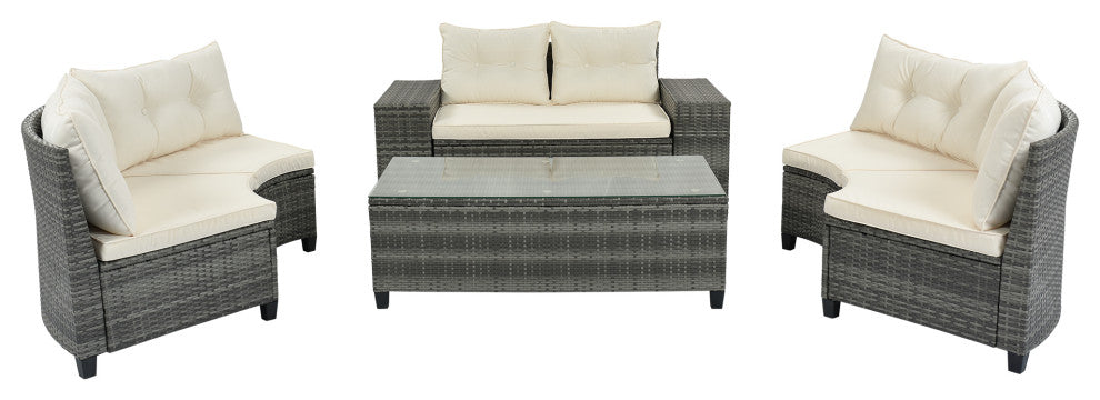 8 Pieces Outdoor Wicker Curved Patio Sectional with Coffee Table and Cushions, Beige