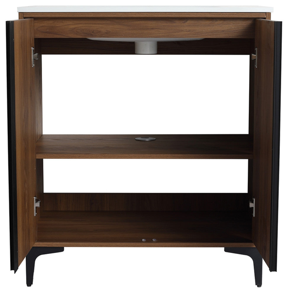 Single Vanity, Brown Walnut Finish With Solid Surface Resin White Sink, 30"