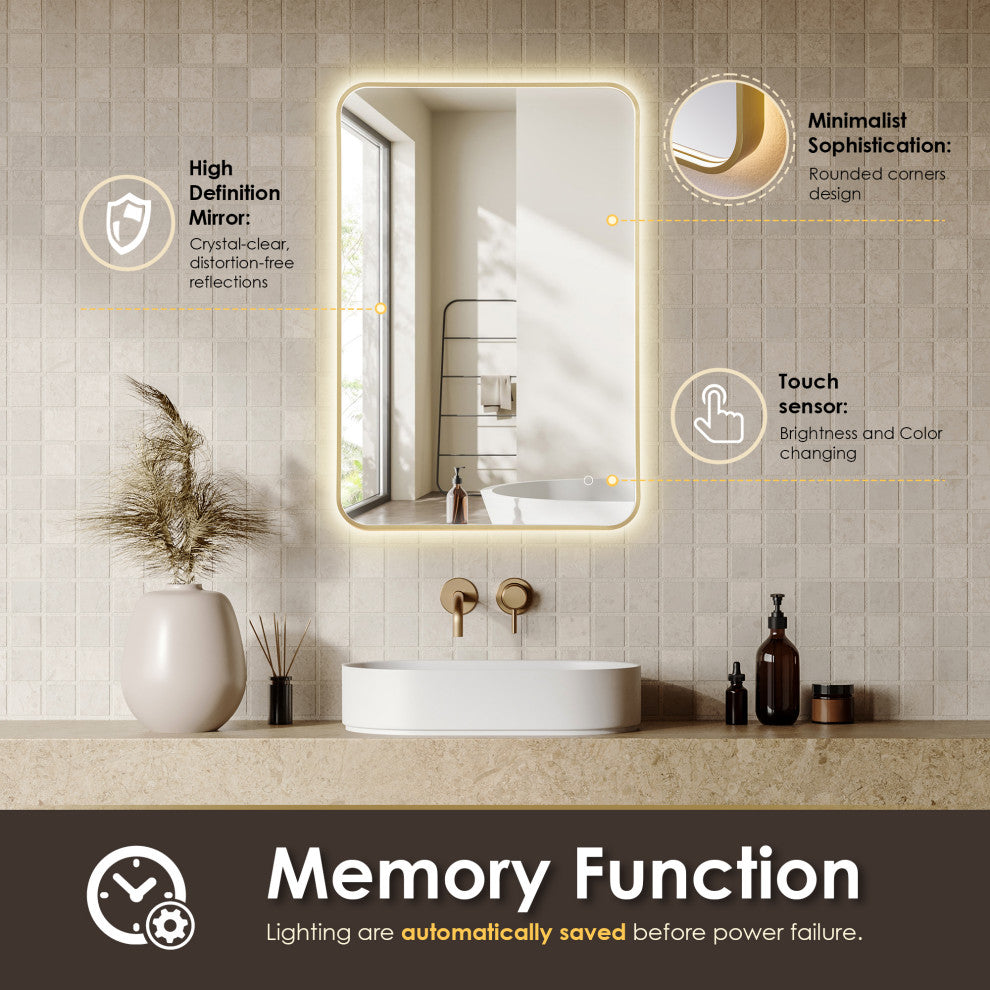 Dazzle Rectangular Bathroom/Vanity LED Lighted Wall Mirror, Brushed Gold, 24"