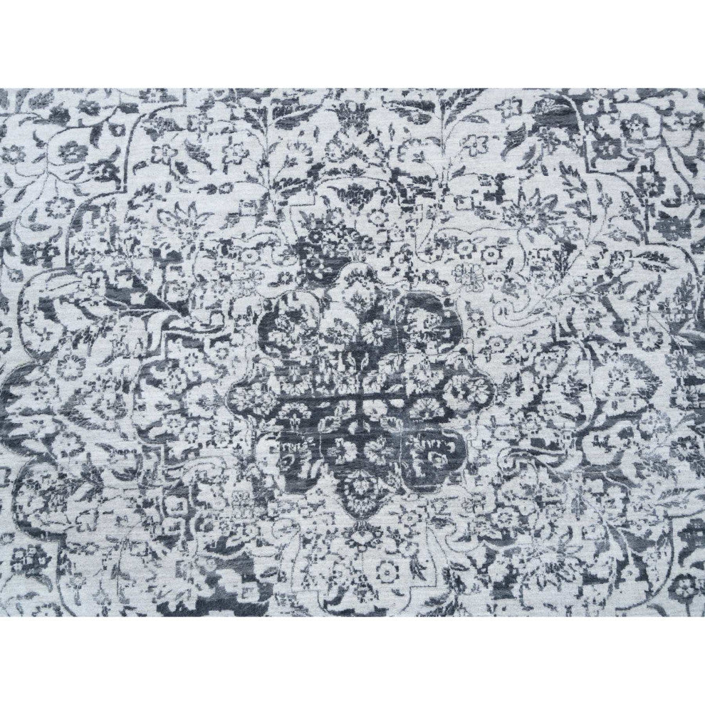 Gray Hand Knotted Erased Persian Design Wool and Silk Oversized Rug 14'2"x18'0"