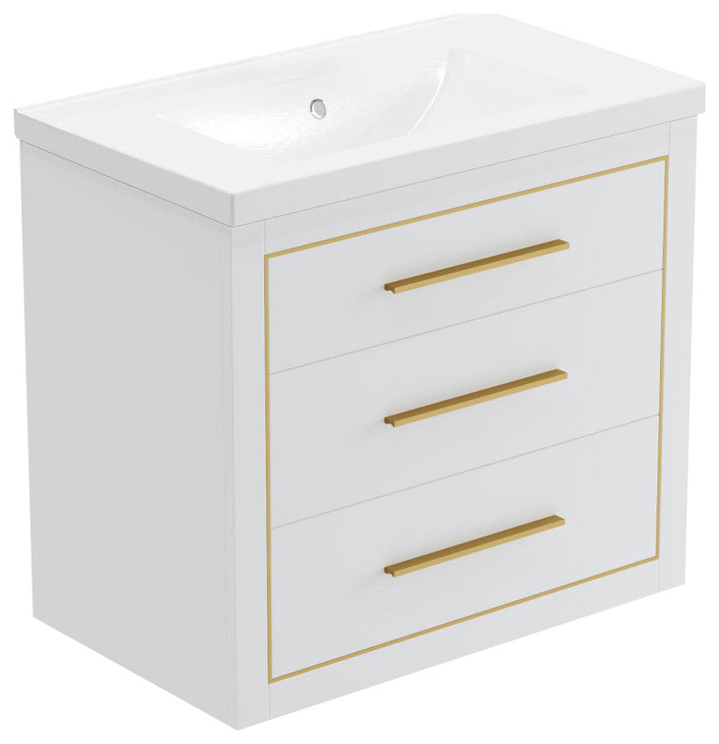 Sherwood 30" Single Vanity Set, White, Brass Trim, Floating Only