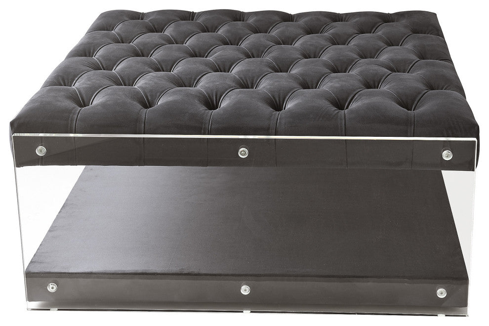 Rossi Velvet Oversized Button Tufted Clear Acrylic Sides Ottoman, Gray