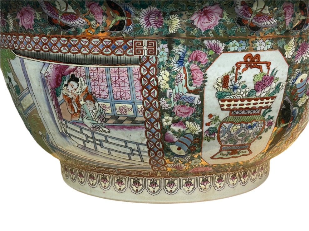 Vintage Chinese Famille Rose People House Graphic Porcelain Bowl Pot Hws4349