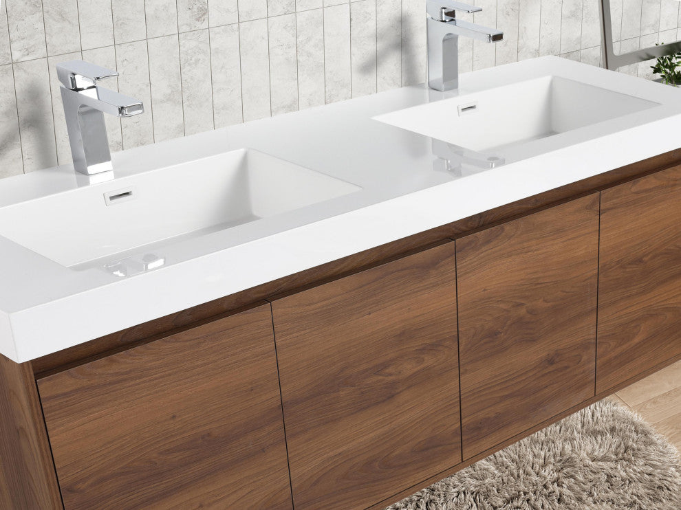Wall Mounted Bathroom Vanity, Brown Walnut, 60'' W/ Double Sink