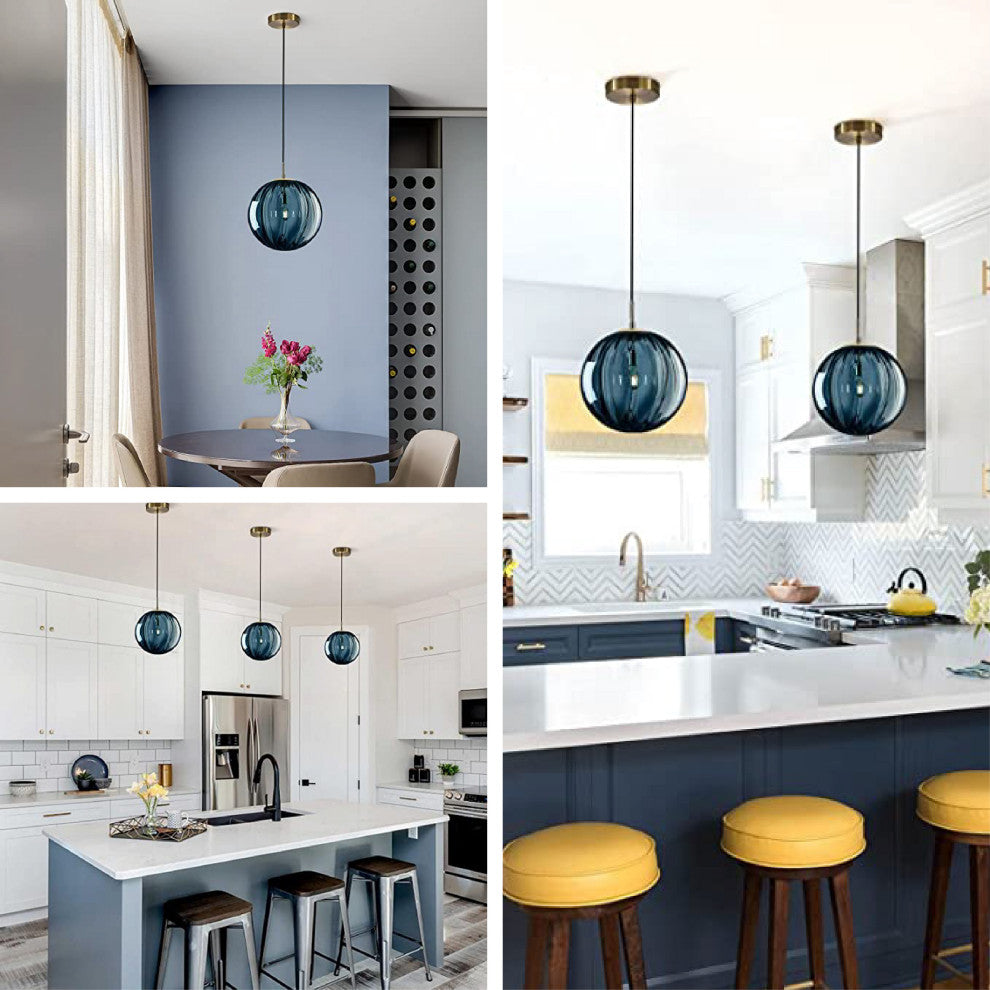 1-Light Pendant Large Entryway light fixture hanging Blue vintage globe Light