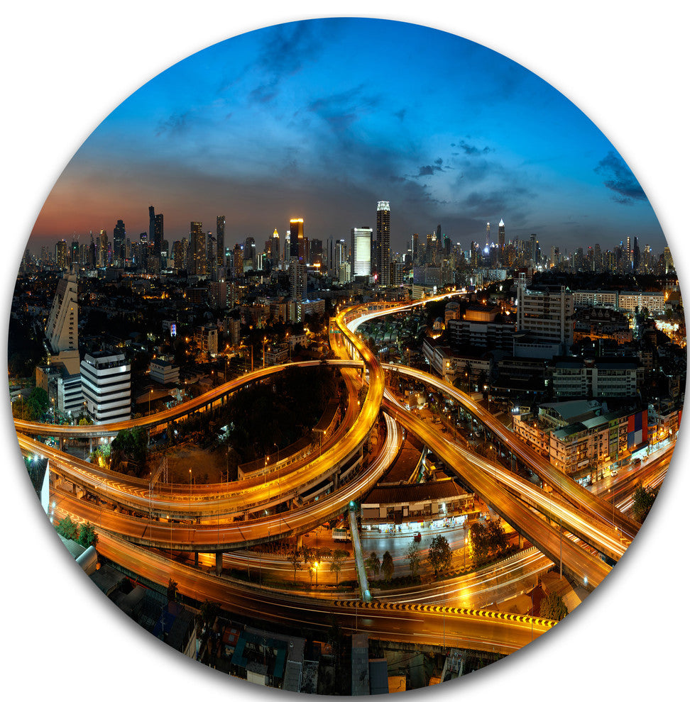 Illuminated Highway In Bangkok, Cityscape Round Metal Wall Art, 11"